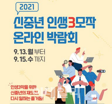 2021
신중년 인생3모작
온라인 박람회

9.13.월부터
9.15.수까지

인생3막을 위한 
신중년의 재도전,
다시 일하는 즐거움!
