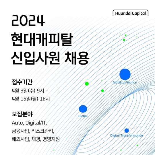 2024 현대캐피탈 신입사원 채용

접수기간 : 4월 3일 (수) 9시 - 4월 15일 (월) 16시

모집분야 : Auto, Digital/IT, 금융사업, 리스크관리, 해외사업, 재경, 경영지원