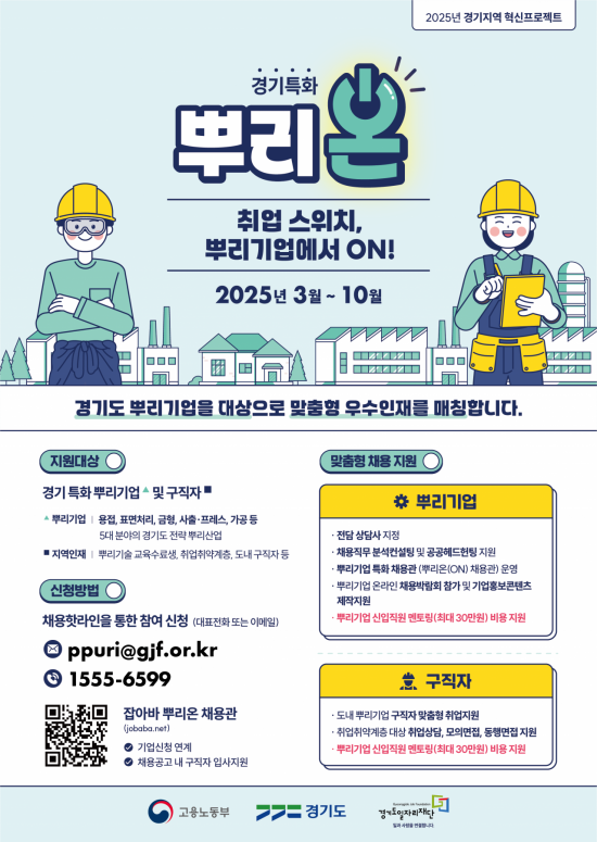 경기특화
취업 스위치, 뿌리기업에서 ON!
2025년 3월~10월
2025년 경기지역 혁신프로젝트
경기도 뿌리기업을 대상으로 맞춤형 우수인재를 매칭합니다.
지원대상
경기 특화 뿌리기업
및 구직자
▲ 뿌리기업
용접, 표면처리, 금형, 사출·프레스, 가공 등
5대 분야의 경기도 전략 뿌리산업
지역인재
뿌리기술 교육수료생, 취업취약계층, 도내 구직자 등
신청방법
채용핫라인을 통한 참여 신청 (대표전화 또는 이메일)
ppuri@gjf.or.kr
1555-6599
잡아바 뿌리온 채용관
(jobaba.net)
기업신청 연계
채용공고 내 구직자 입사지원
맞춤형 채용 지원
* 뿌리기업
전담 상담사 지정
채용직무 분석컨설팅 및 공공헤드헌팅 지원
뿌리기업 특화 채용관 (뿌리온(ON) 채용관) 운영
뿌리기업 온라인 채용박람회 참가 및 기업홍보콘텐츠
제작지원
뿌리기업 신입직원 멘토링(최대 30만원) 비용 지원
구직자
ㆍ도내 뿌리기업 구직자 맞춤형 취업지원
취업취약계층 대상 취업상담, 모의면접, 동행면접 지원
뿌리기업 신입직원 멘토링(최대 30만원) 비용 지원
고용노동부
= 경기도
경기도일자리재단